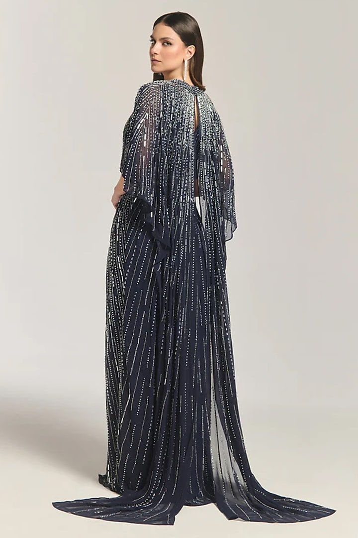Black Mesh Bead Embellished Cape Engagement Gown by BLING EMPIRE at Pernia's Pop Up Shop