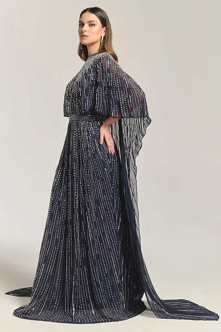 Black Mesh Bead Embellished Cape Engagement Gown by BLING EMPIRE at Pernia's Pop Up Shop