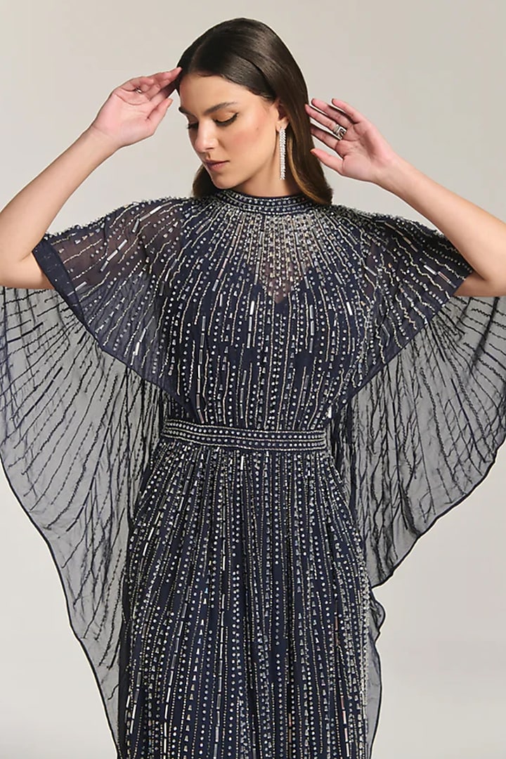 Black Mesh Bead Embellished Cape Engagement Gown by BLING EMPIRE at Pernia's Pop Up Shop