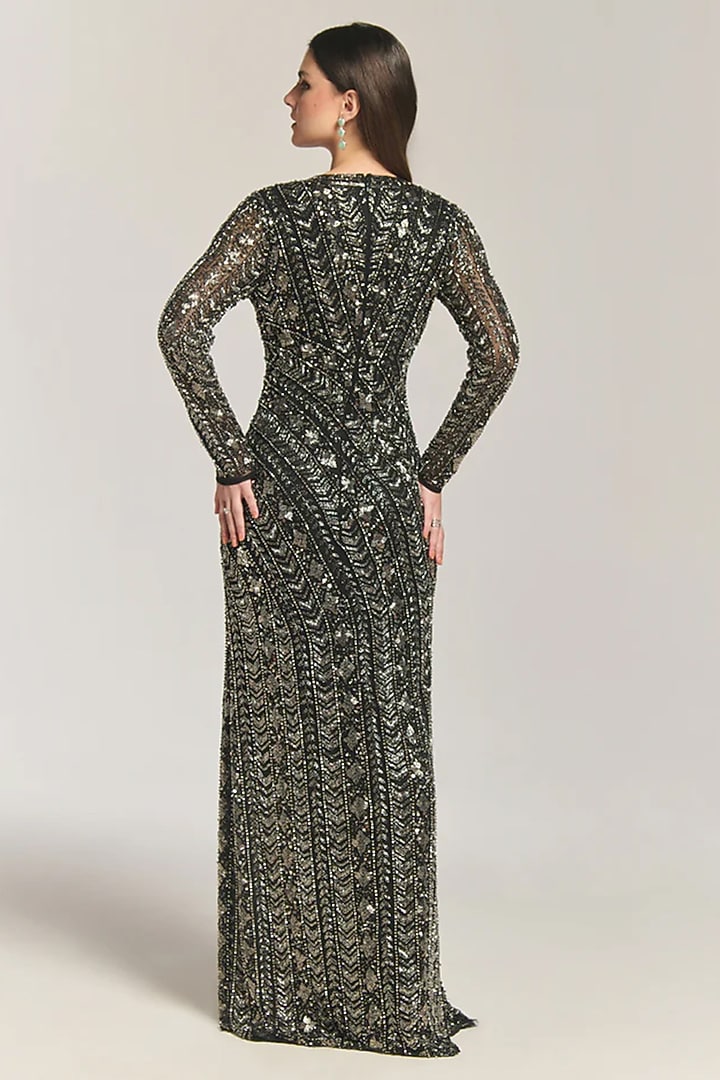 Black Mesh Bead & Sequin Embellished Engagement Gown by BLING EMPIRE at Pernia's Pop Up Shop