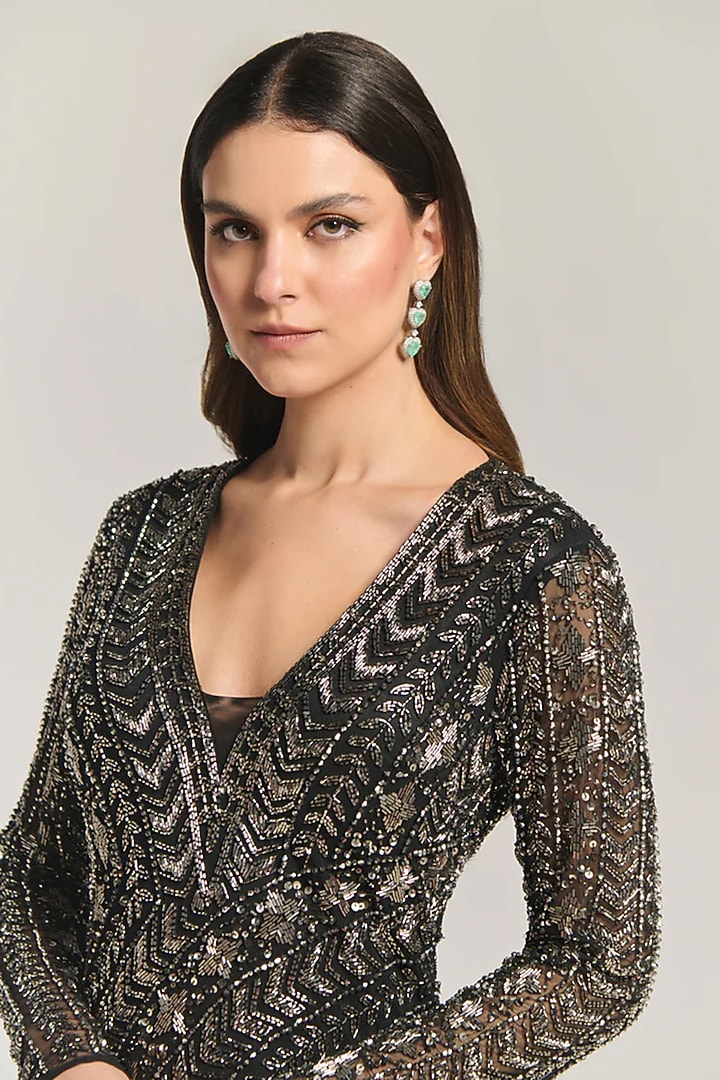 Black Mesh Bead & Sequin Embellished Engagement Gown by BLING EMPIRE at Pernia's Pop Up Shop
