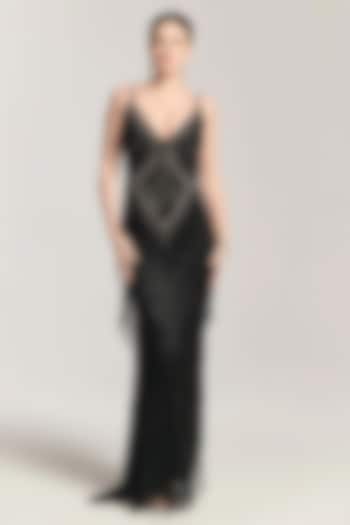 Midnight Black Mesh Bead Embellished Engagement Gown by BLING EMPIRE at Pernia's Pop Up Shop