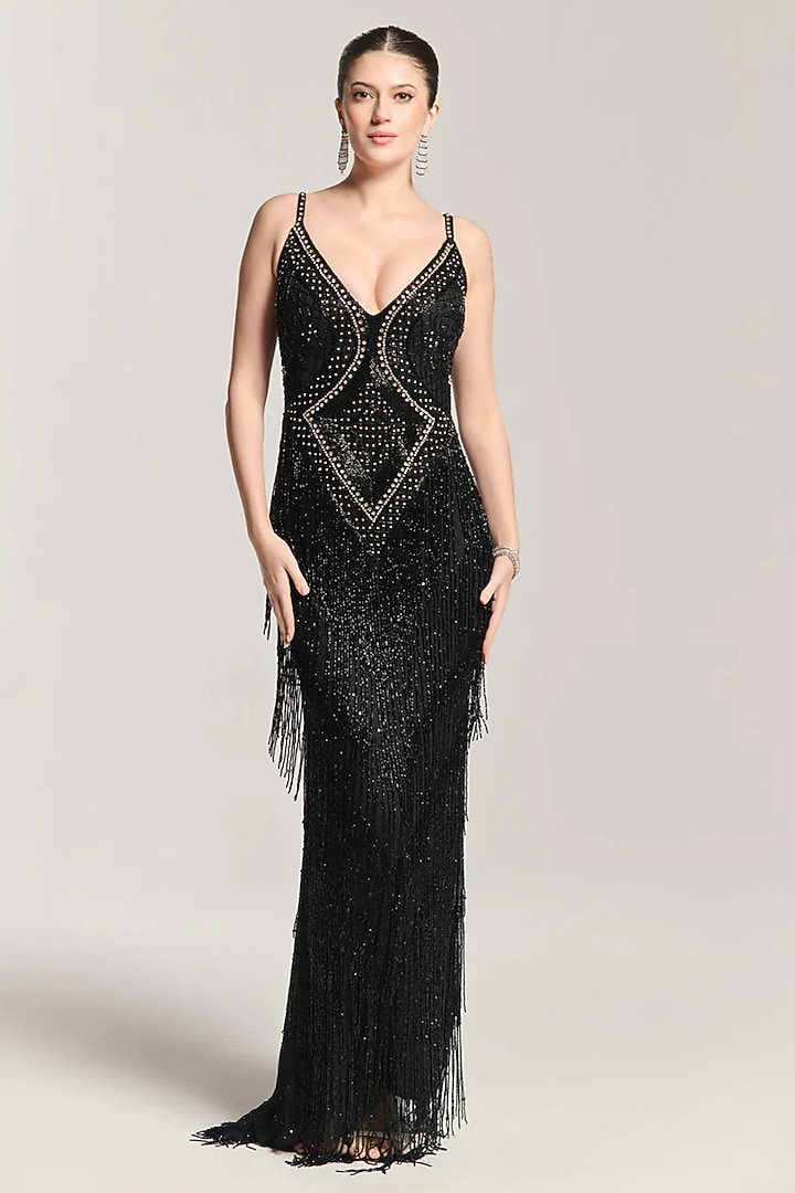 Midnight Black Mesh Bead Embellished Engagement Gown by BLING EMPIRE at Pernia's Pop Up Shop