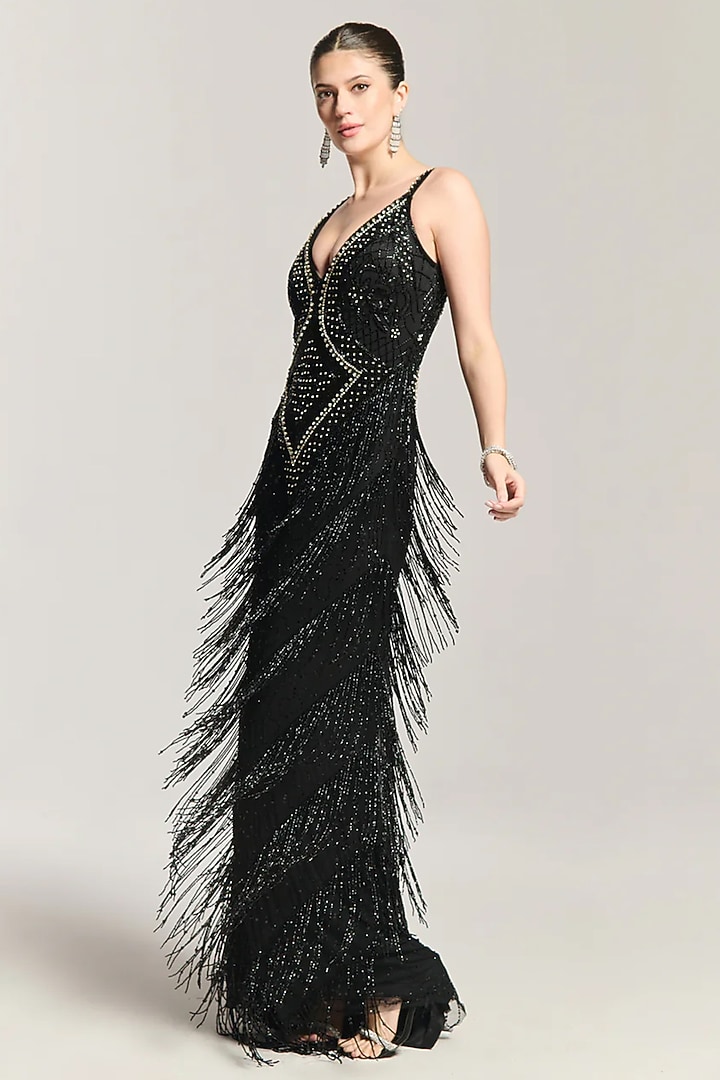 Midnight Black Mesh Bead Embellished Engagement Gown by BLING EMPIRE at Pernia's Pop Up Shop
