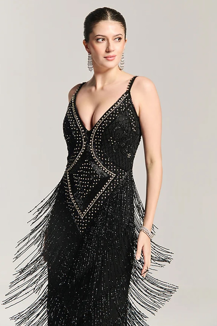 Midnight Black Mesh Bead Embellished Engagement Gown by BLING EMPIRE at Pernia's Pop Up Shop