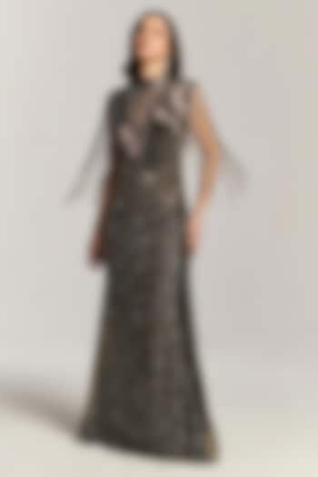 Charcoal Black Mesh Bead & Sequin Embellished Engagement Gown by BLING EMPIRE at Pernia's Pop Up Shop