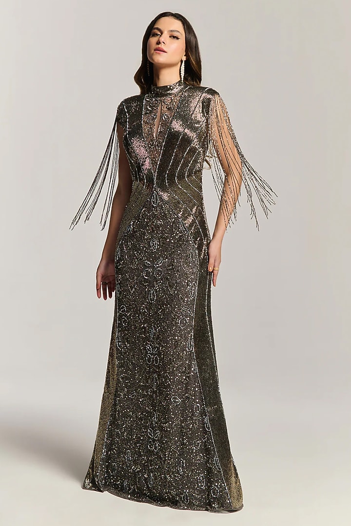 Charcoal Black Mesh Bead & Sequin Embellished Engagement Gown by BLING EMPIRE at Pernia's Pop Up Shop