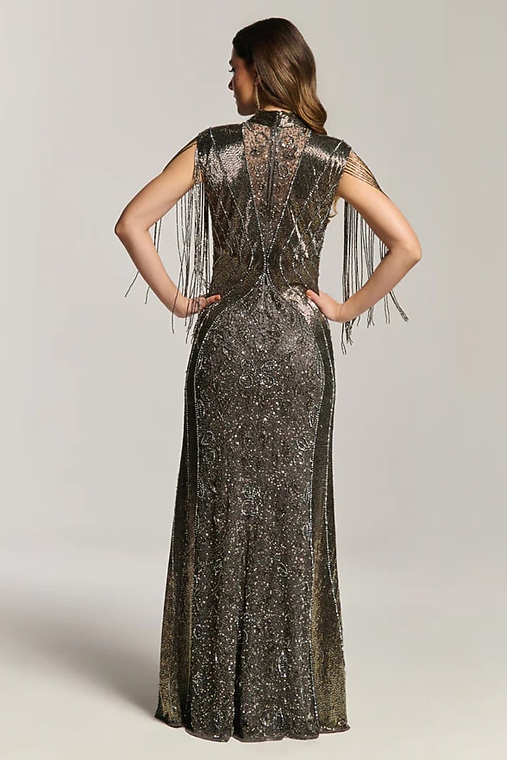 Charcoal Black Mesh Bead & Sequin Embellished Engagement Gown by BLING EMPIRE at Pernia's Pop Up Shop