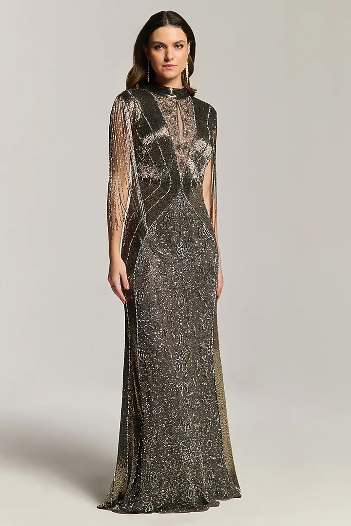 Charcoal Black Mesh Bead & Sequin Embellished Engagement Gown by BLING EMPIRE at Pernia's Pop Up Shop