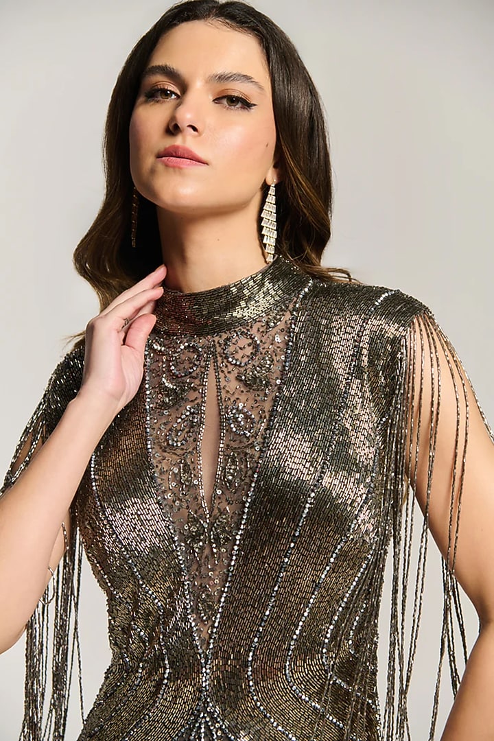 Charcoal Black Mesh Bead & Sequin Embellished Engagement Gown by BLING EMPIRE at Pernia's Pop Up Shop