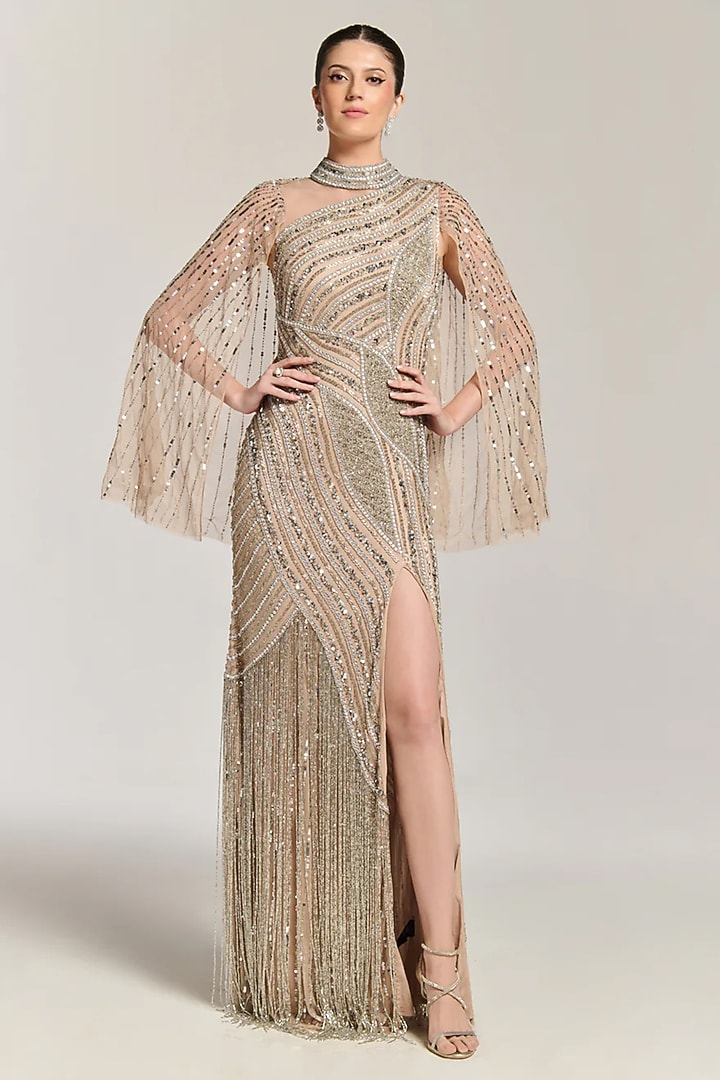 Nude Mesh Bead Embellished Engagement Gown by BLING EMPIRE at Pernia's Pop Up Shop