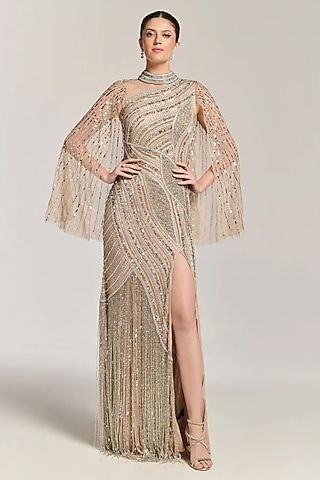 Nude Mesh Bead Embellished Gown by BLING EMPIRE