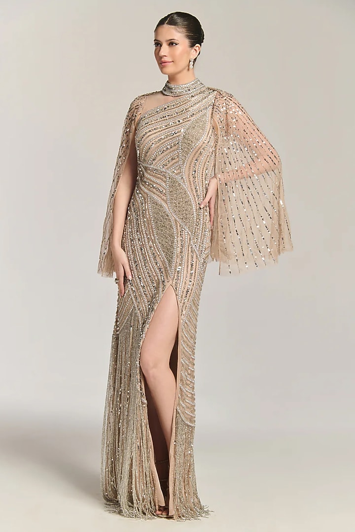Nude Mesh Bead Embellished Engagement Gown by BLING EMPIRE at Pernia's Pop Up Shop