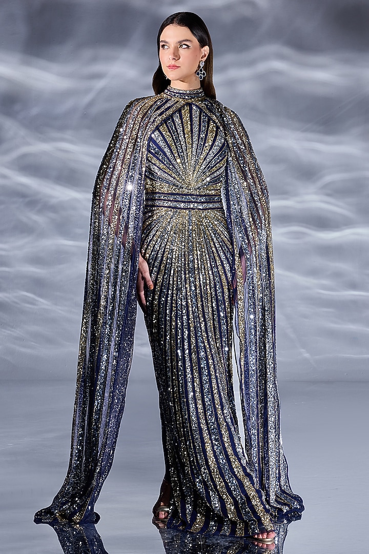 Navy Mesh Sequin Embroidered Engagement Gown by BLING EMPIRE at Pernia's Pop Up Shop