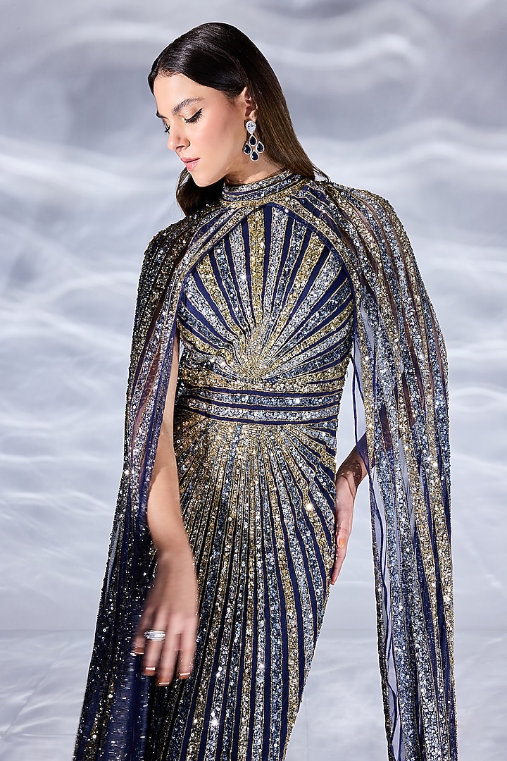 Navy Mesh Sequin Embroidered Engagement Gown by BLING EMPIRE at Pernia's Pop Up Shop