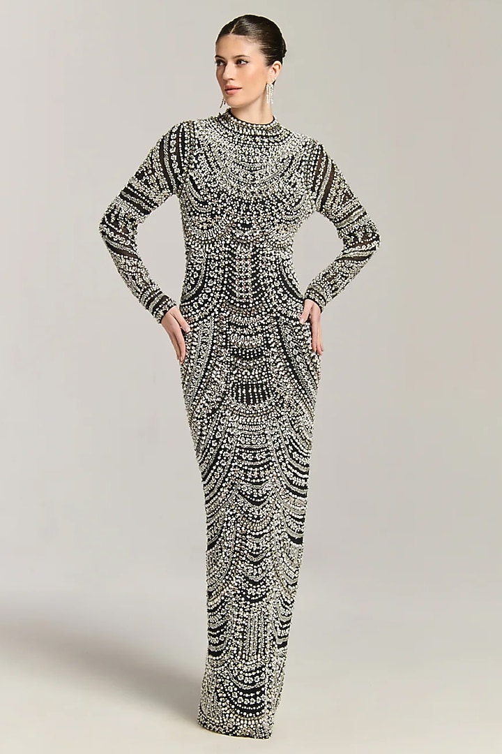 Black Mesh Bead Embroidered Engagement Gown by BLING EMPIRE at Pernia's Pop Up Shop