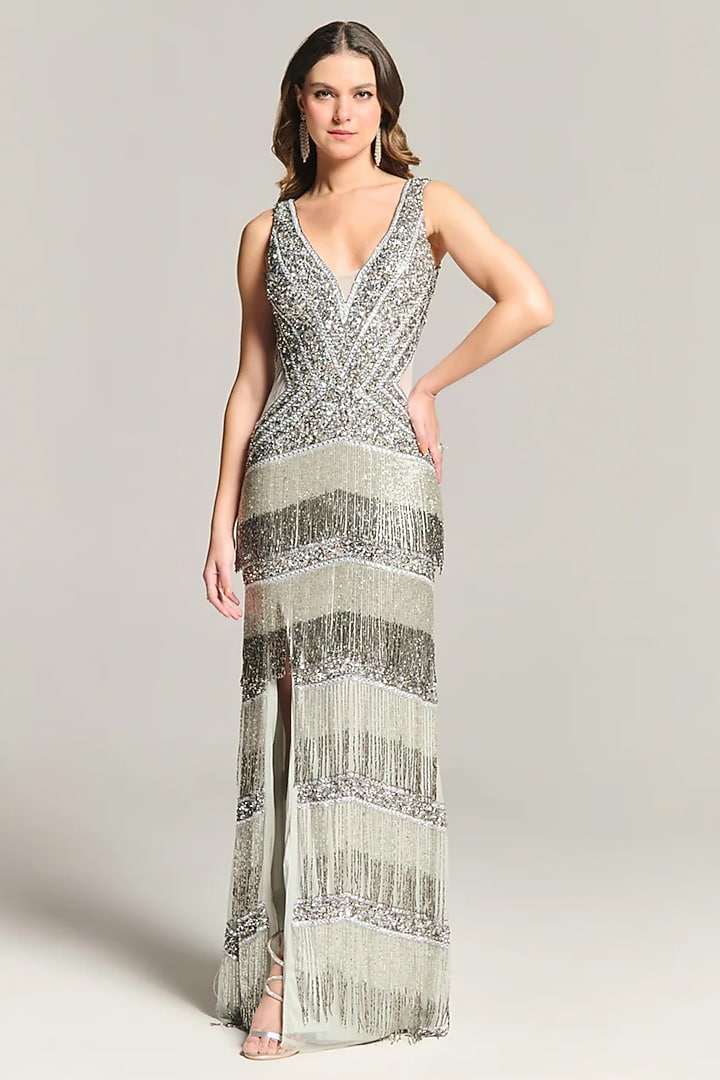Silver Mesh Bead Embroidered Maxi Cocktail Dress by BLING EMPIRE at Pernia's Pop Up Shop