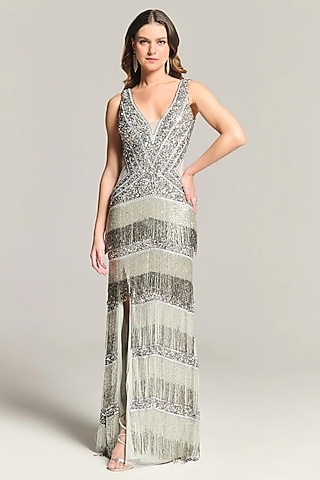 Silver Mesh Bead Embroidered Maxi Dress by BLING EMPIRE