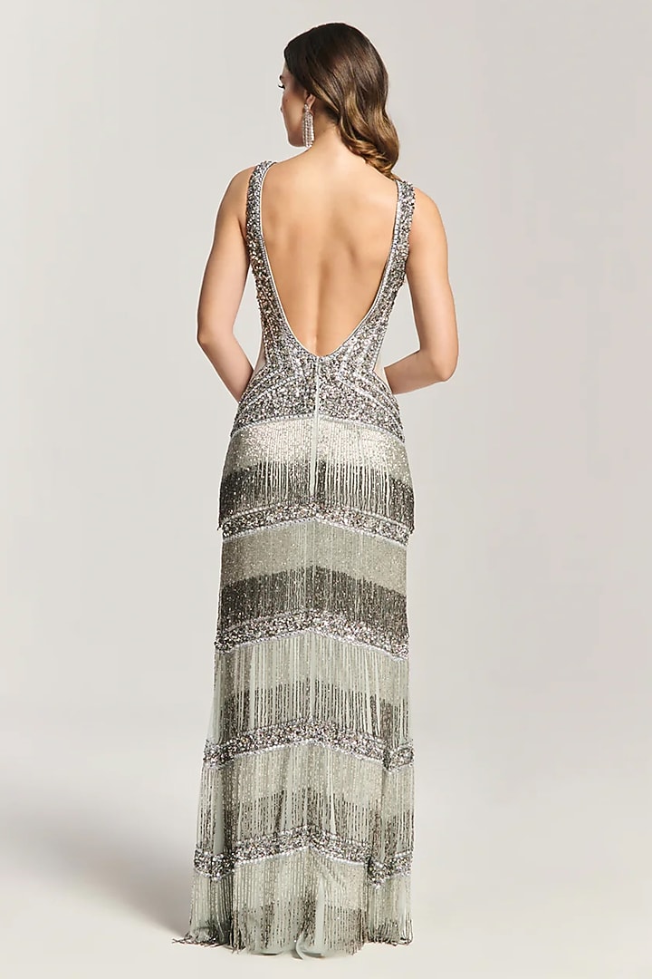 Silver Mesh Bead Embroidered Maxi Cocktail Dress by BLING EMPIRE at Pernia's Pop Up Shop