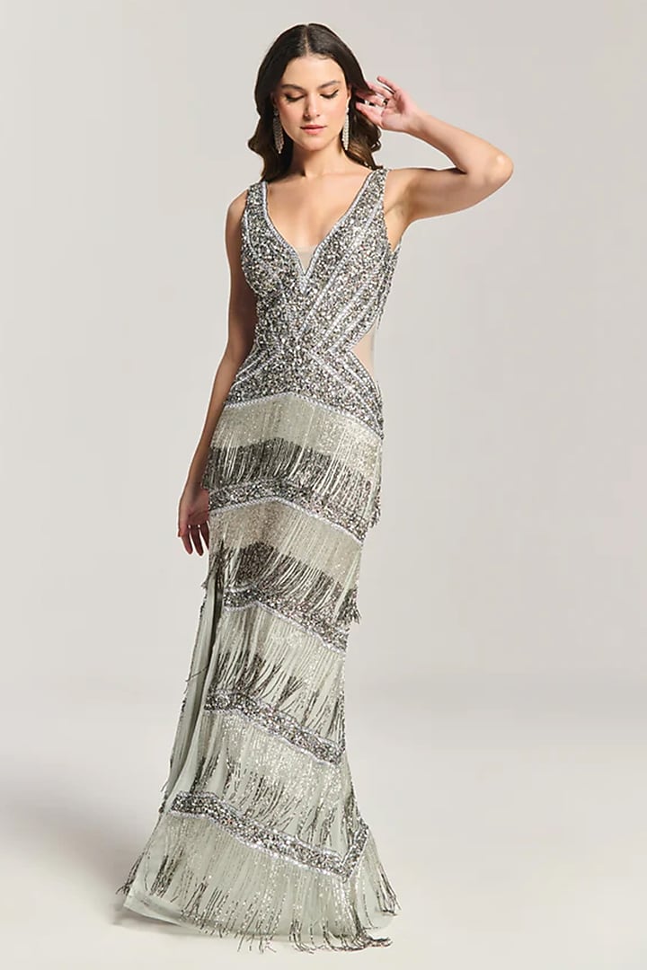 Silver Mesh Bead Embroidered Maxi Cocktail Dress by BLING EMPIRE at Pernia's Pop Up Shop