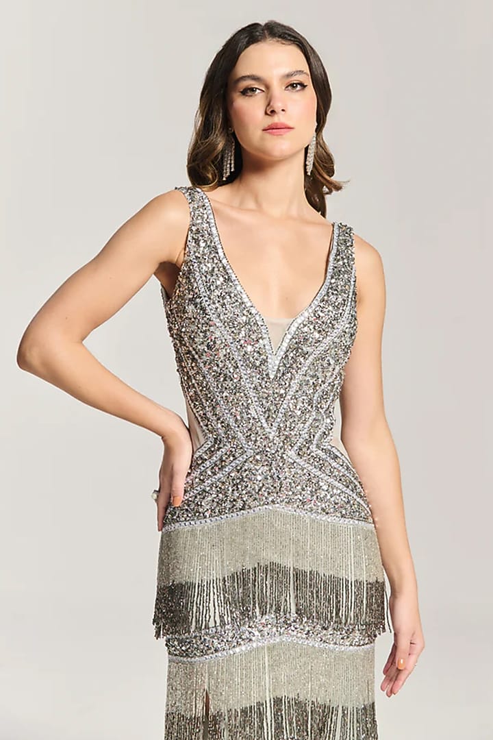Silver Mesh Bead Embroidered Maxi Cocktail Dress by BLING EMPIRE at Pernia's Pop Up Shop