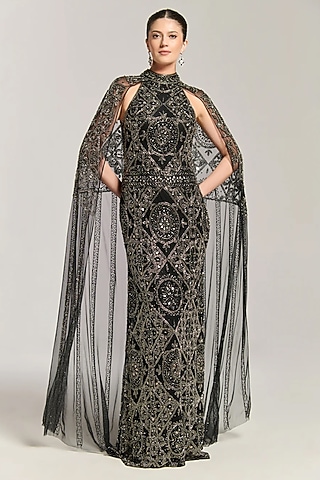 slim fit dress slacks Mac Duggal Women's Embellished Crepe Gown with Chiffon Cape Sleeves - Black - Size 12 main image 0