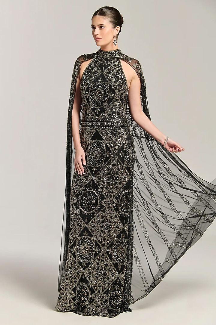 Black Mesh Sequin Embroidered Engagement Gown by BLING EMPIRE at Pernia's Pop Up Shop