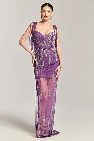 Purple Mesh Bead Embroidered Maxi Dress by BLING EMPIRE