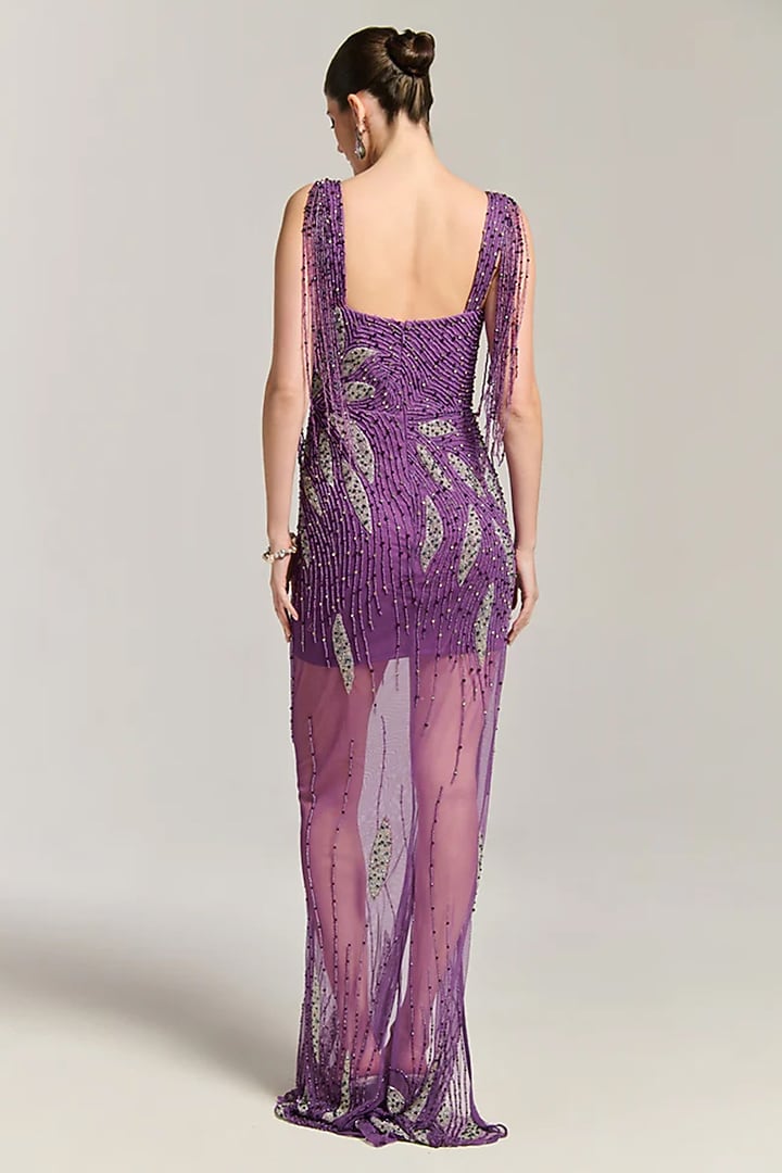 Purple Mesh Bead Embroidered Maxi Cocktail Dress by BLING EMPIRE at Pernia's Pop Up Shop