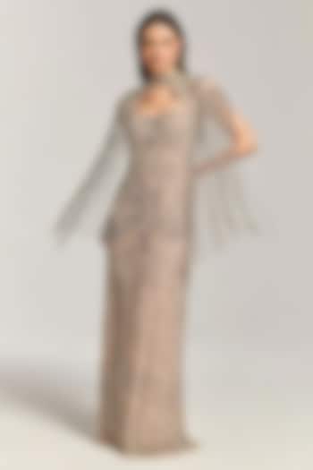 Beige Mesh Sequin & Bead Embroidered Maxi Cocktail Dress by BLING EMPIRE at Pernia's Pop Up Shop