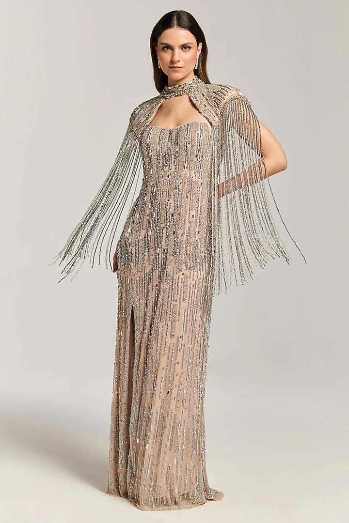 Beige Mesh Sequin & Bead Embroidered Maxi Cocktail Dress by BLING EMPIRE at Pernia's Pop Up Shop