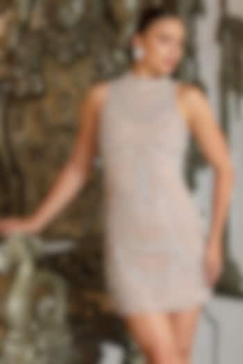 Beige Mesh Crystal Embellished Mini Vacation Dress by BLING EMPIRE at Pernia's Pop Up Shop