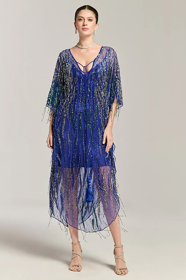 Blue Mesh Sequin & Bead Embellished Kaftan Vacation Dress by BLING EMPIRE at Pernia's Pop Up Shop