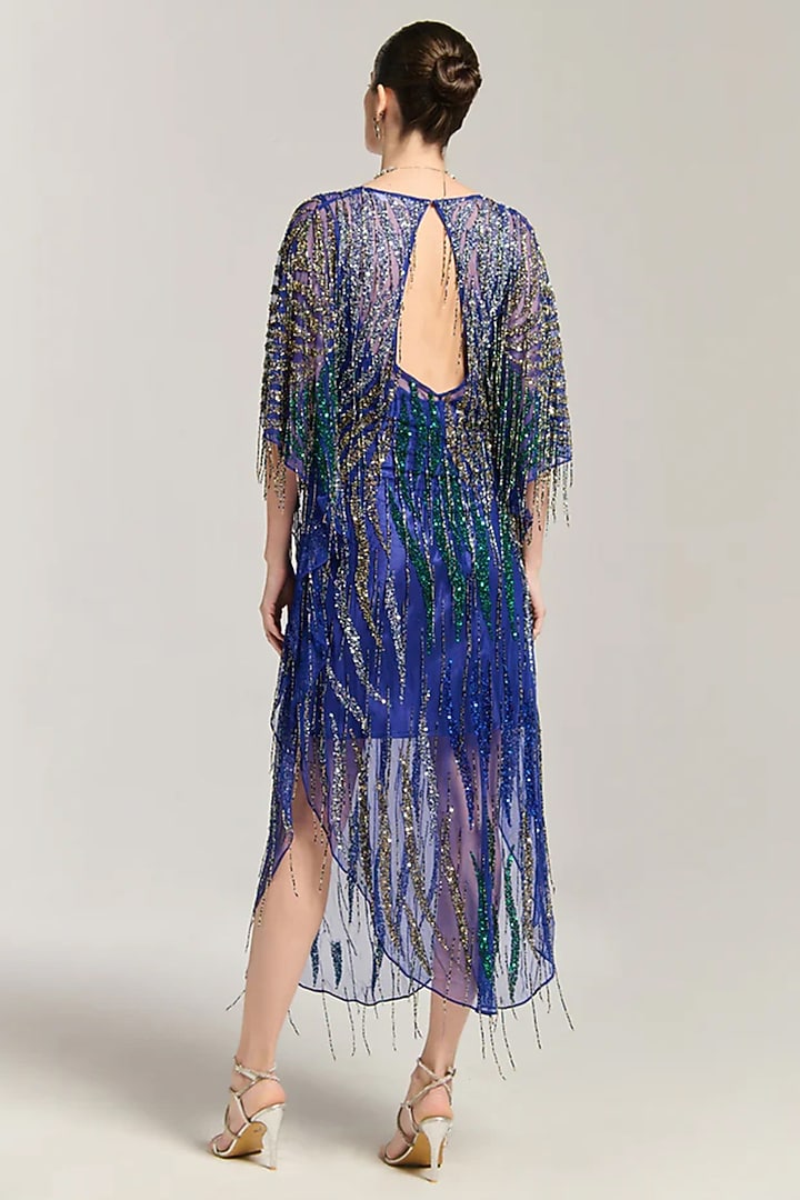 Blue Mesh Sequin & Bead Embellished Kaftan Vacation Dress by BLING EMPIRE at Pernia's Pop Up Shop