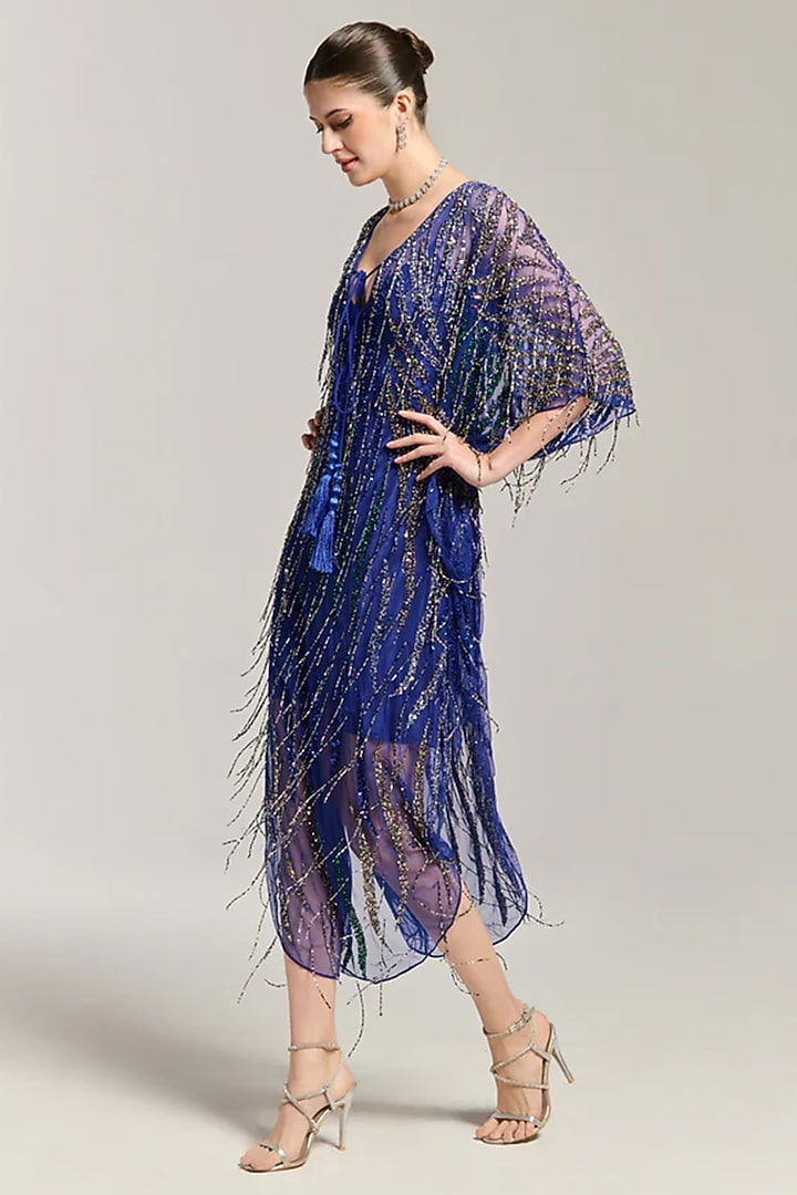 Blue Mesh Sequin & Bead Embellished Kaftan Vacation Dress by BLING EMPIRE at Pernia's Pop Up Shop