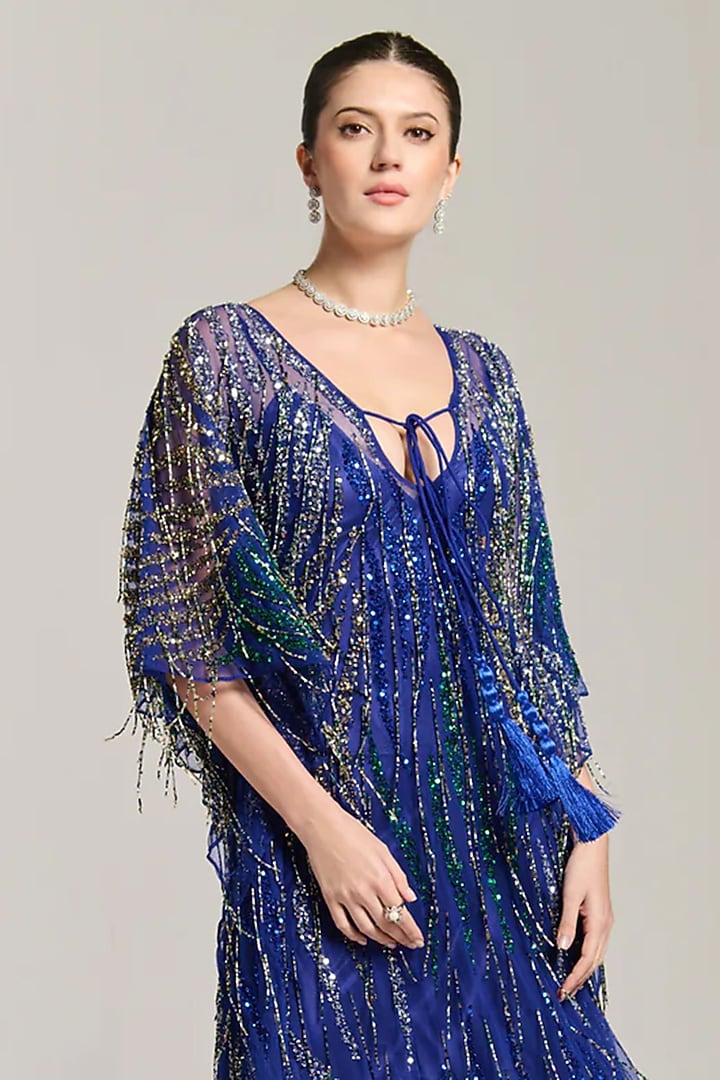 Blue Mesh Sequin & Bead Embellished Kaftan Vacation Dress by BLING EMPIRE at Pernia's Pop Up Shop