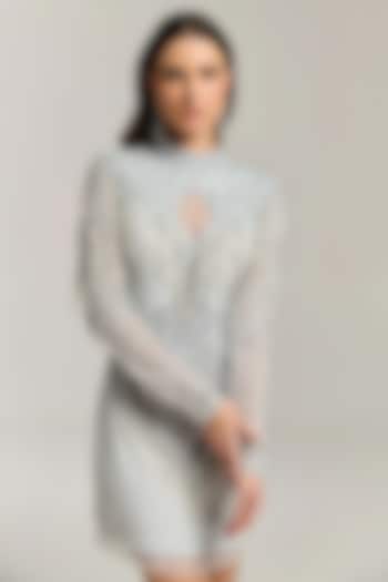 White Mesh Bead Embroidered Mini Vacation Dress by BLING EMPIRE at Pernia's Pop Up Shop