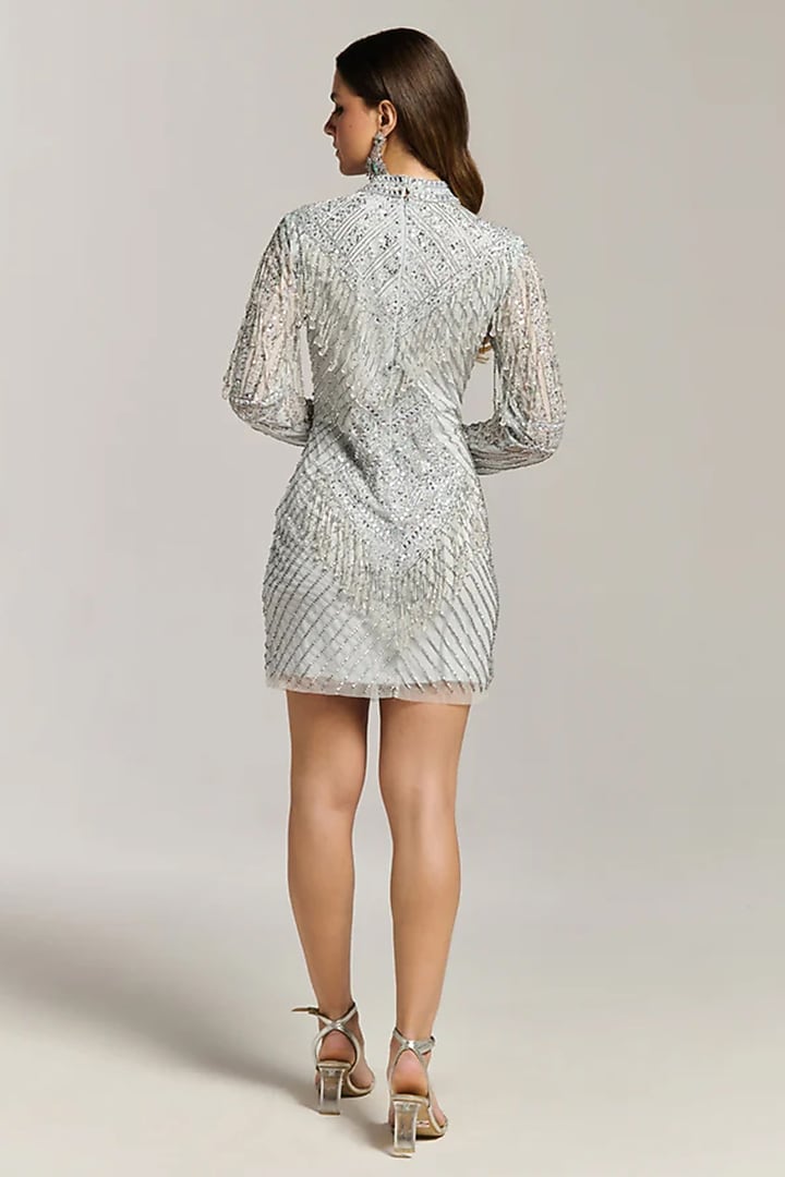 White Mesh Bead Embroidered Mini Cocktail Dress by BLING EMPIRE at Pernia's Pop Up Shop