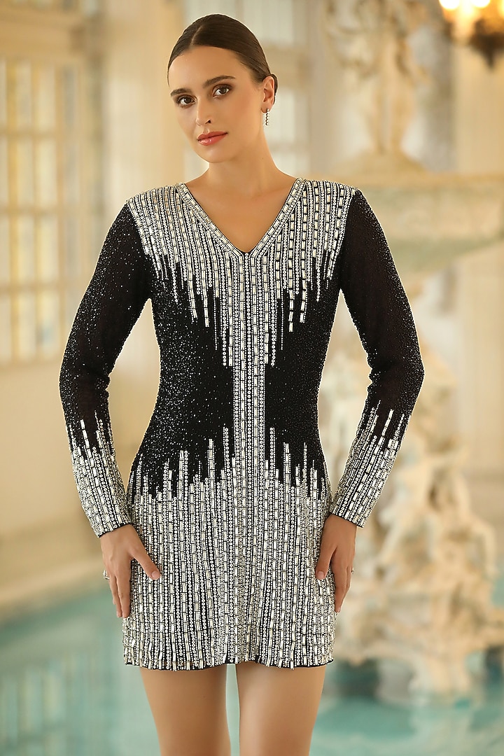 Black & Silver Mesh Sequin Embroidered Mini Vacation Dress by BLING EMPIRE at Pernia's Pop Up Shop