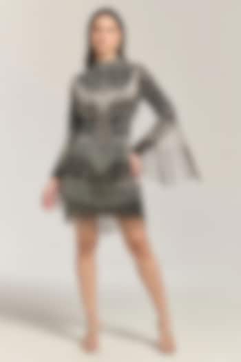 Black & Silver Mesh Bead Embellished Mini Vacation Dress by BLING EMPIRE at Pernia's Pop Up Shop