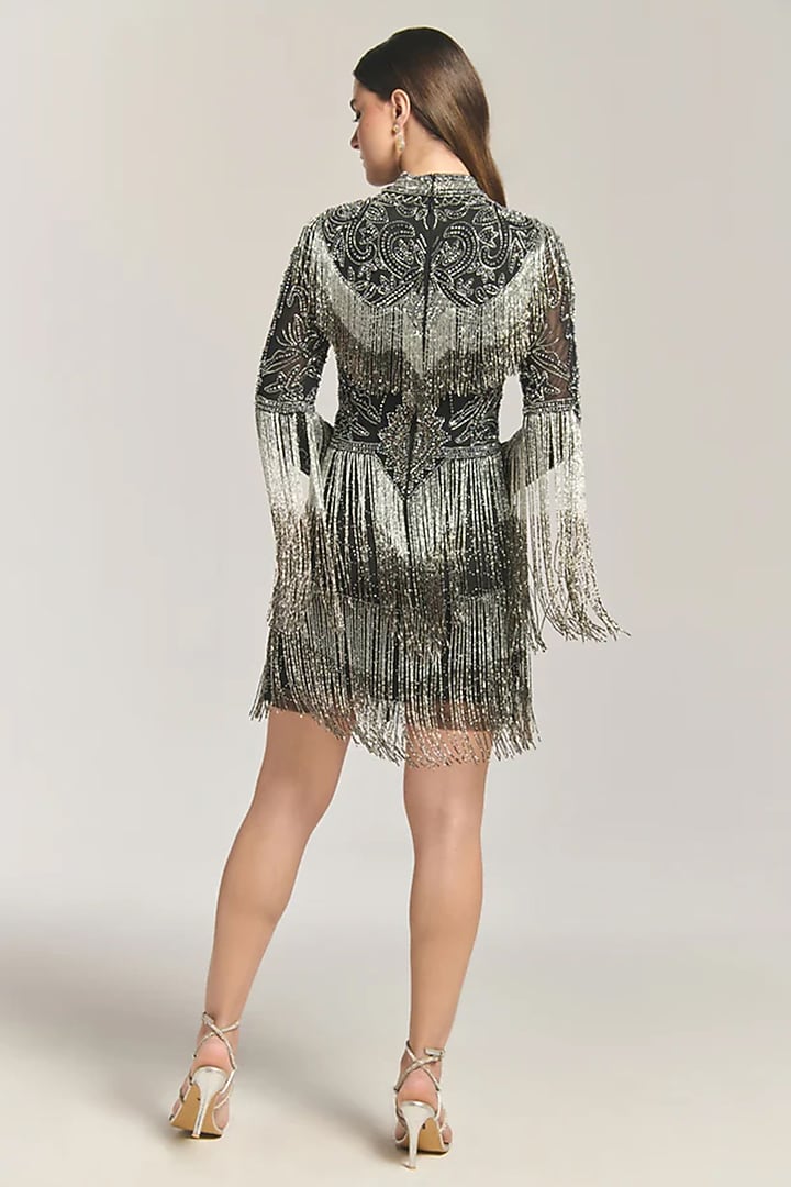 Black & Silver Mesh Bead Embellished Mini Cocktail Dress by BLING EMPIRE at Pernia's Pop Up Shop