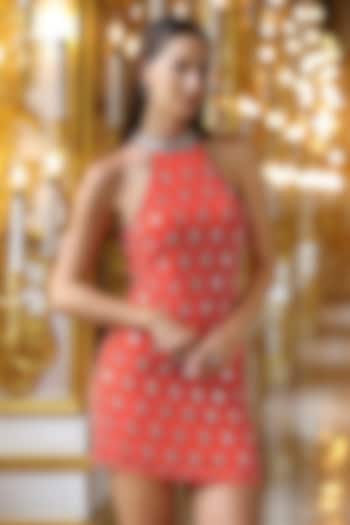 Crimson Red Mesh Crystal Embellished Mini  Vacation Dress by BLING EMPIRE at Pernia's Pop Up Shop