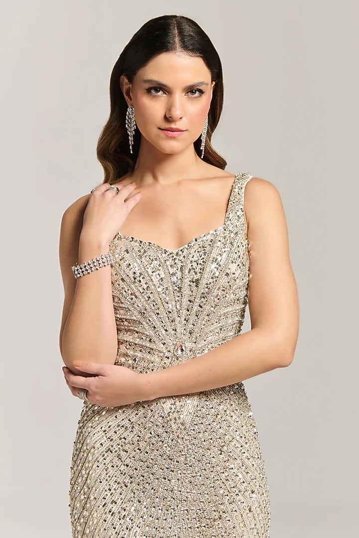 Champagne Mesh Sequin Embellished Mini Cocktail Dress by BLING EMPIRE at Pernia's Pop Up Shop
