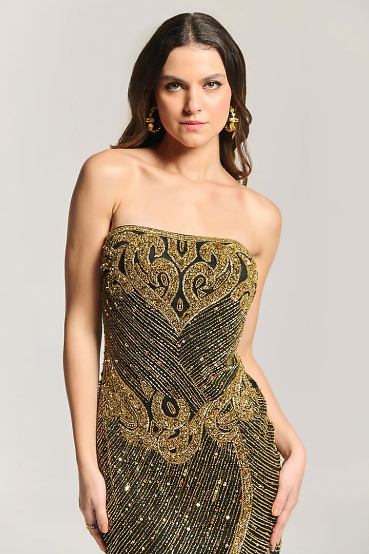 Black & Gold Mesh Sequin & Bead Embellished Mini Cocktail Dress by BLING EMPIRE at Pernia's Pop Up Shop