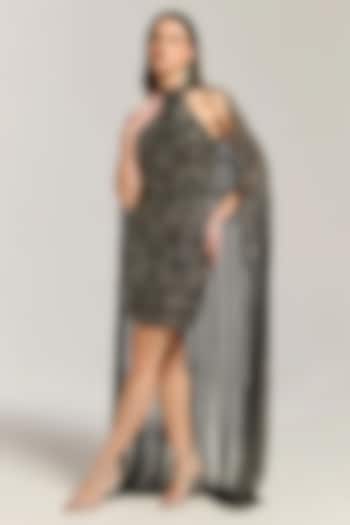 Black Mesh Mini Beaded Cape Cocktail Dress by BLING EMPIRE at Pernia's Pop Up Shop