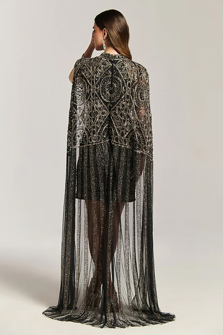 Black Mesh Mini Beaded Cape Cocktail Dress by BLING EMPIRE at Pernia's Pop Up Shop