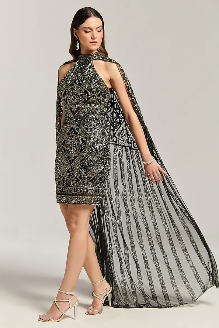 Black Mesh Mini Beaded Cape Cocktail Dress by BLING EMPIRE at Pernia's Pop Up Shop