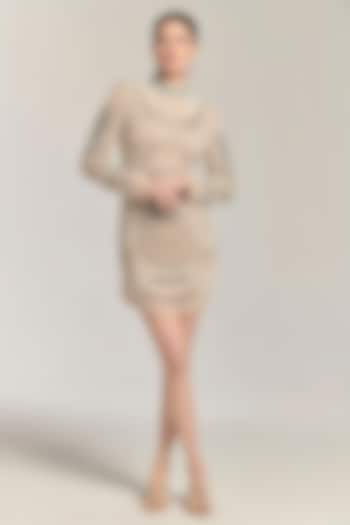 Beige Mesh Pearl Embellished Mini Vacation Dress by BLING EMPIRE at Pernia's Pop Up Shop