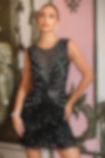 Black Mesh Beadwork Mini Vacation Dress by BLING EMPIRE at Pernia's Pop Up Shop