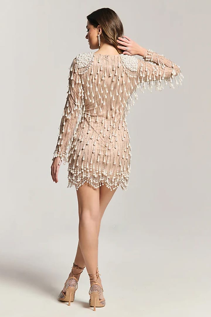 Beige Mesh Mini Cocktail Dress by BLING EMPIRE at Pernia's Pop Up Shop